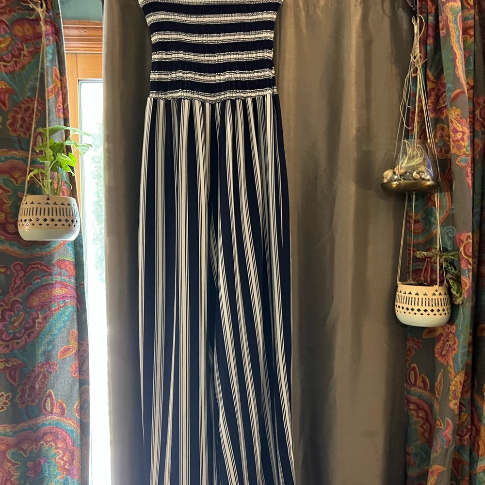 Rouched strapless topped, navy and white striped jumpsuit, size XL.